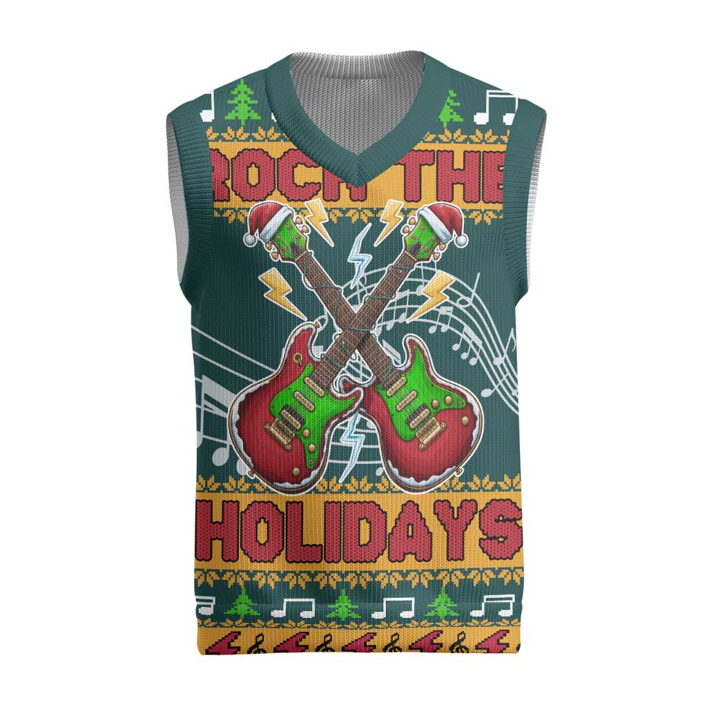 Rock The Holidays Guitar Christmas Knitted V-Neck Vest Xmas Holiday Patterns - Wonder Print Shop