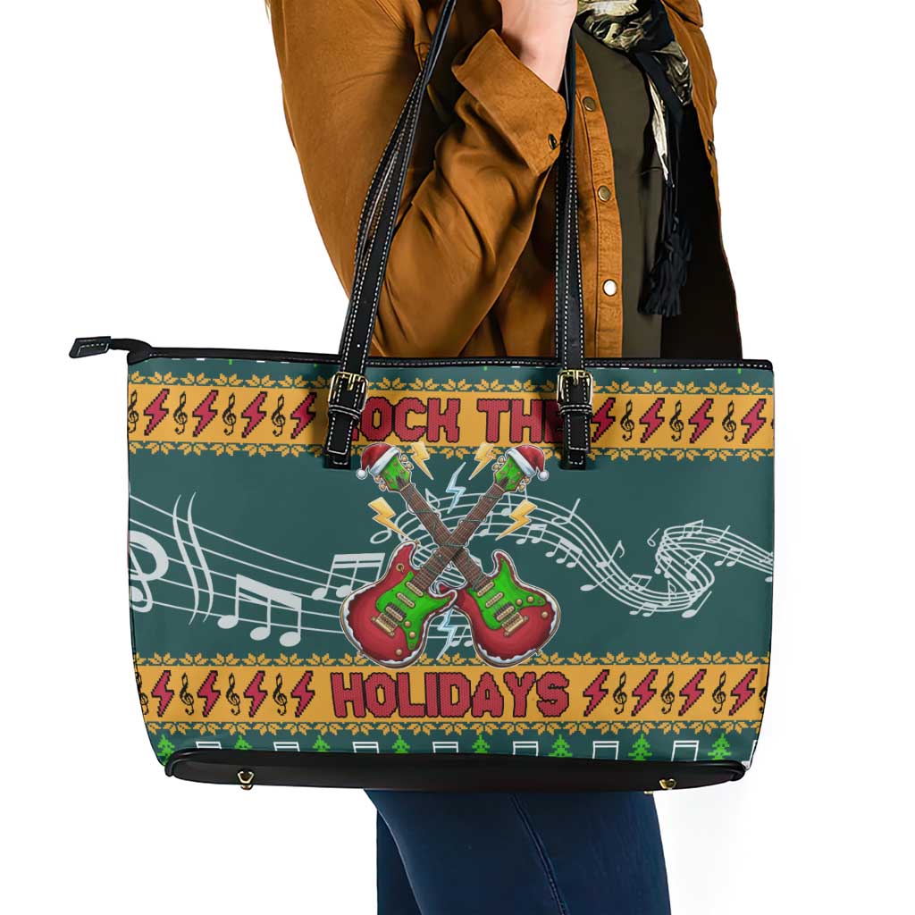 Rock The Holidays Guitar Christmas Leather Tote Bag Xmas Holiday Patterns - Wonder Print Shop