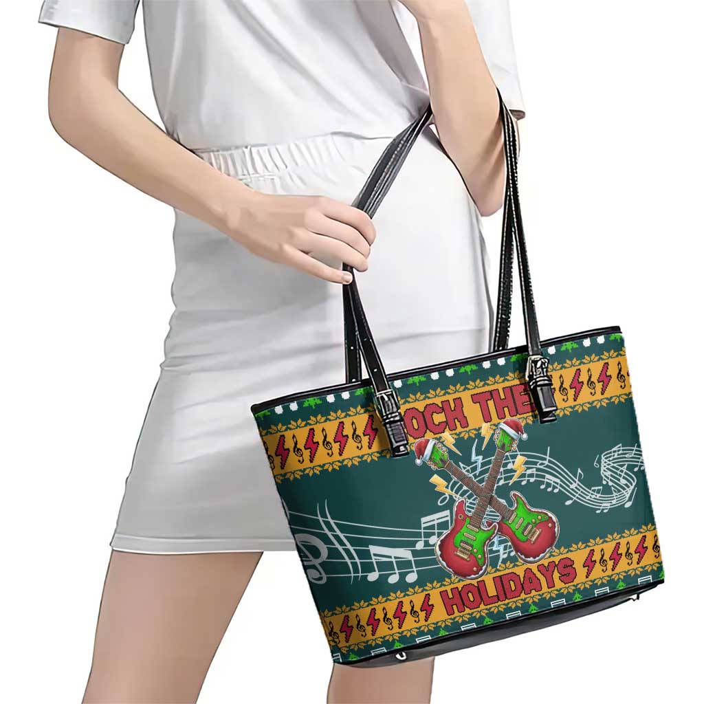 Rock The Holidays Guitar Christmas Leather Tote Bag Xmas Holiday Patterns - Wonder Print Shop