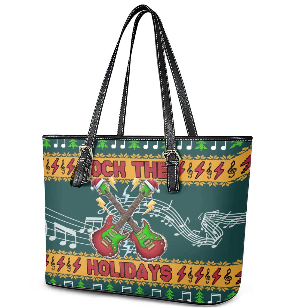 Rock The Holidays Guitar Christmas Leather Tote Bag Xmas Holiday Patterns - Wonder Print Shop