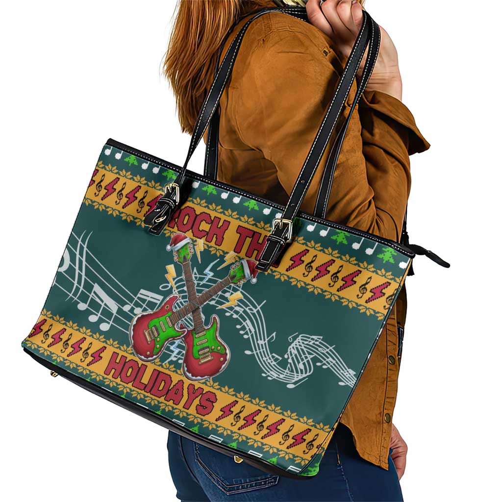 Rock The Holidays Guitar Christmas Leather Tote Bag Xmas Holiday Patterns - Wonder Print Shop