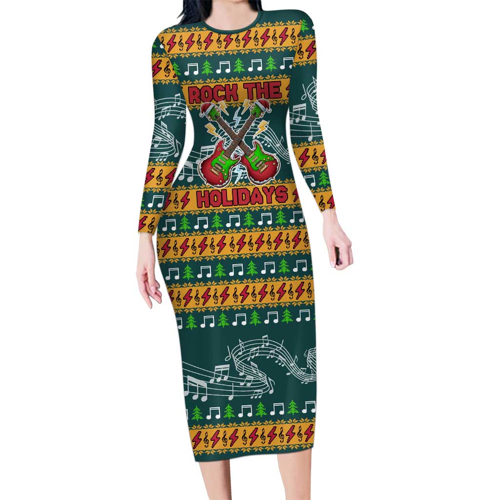 Rock The Holidays Guitar Christmas Long Sleeve Bodycon Dress Xmas Holiday Patterns - Wonder Print Shop