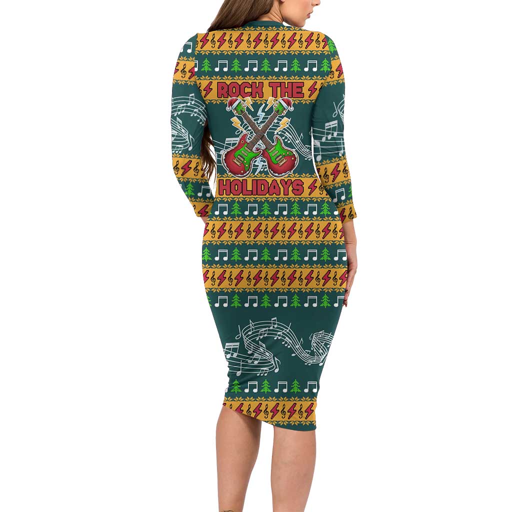 Rock The Holidays Guitar Christmas Long Sleeve Bodycon Dress Xmas Holiday Patterns - Wonder Print Shop