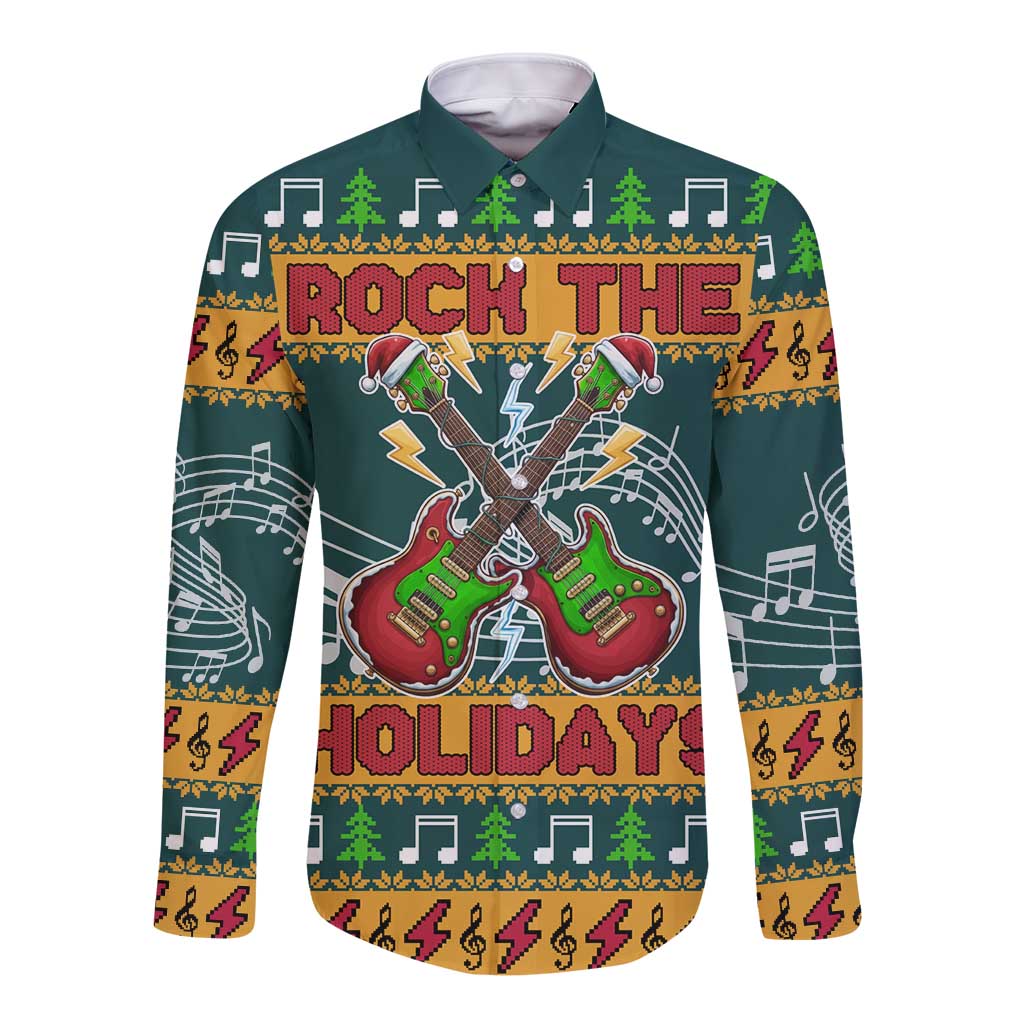 Rock The Holidays Guitar Christmas Long Sleeve Button Shirt Xmas Holiday Patterns - Wonder Print Shop