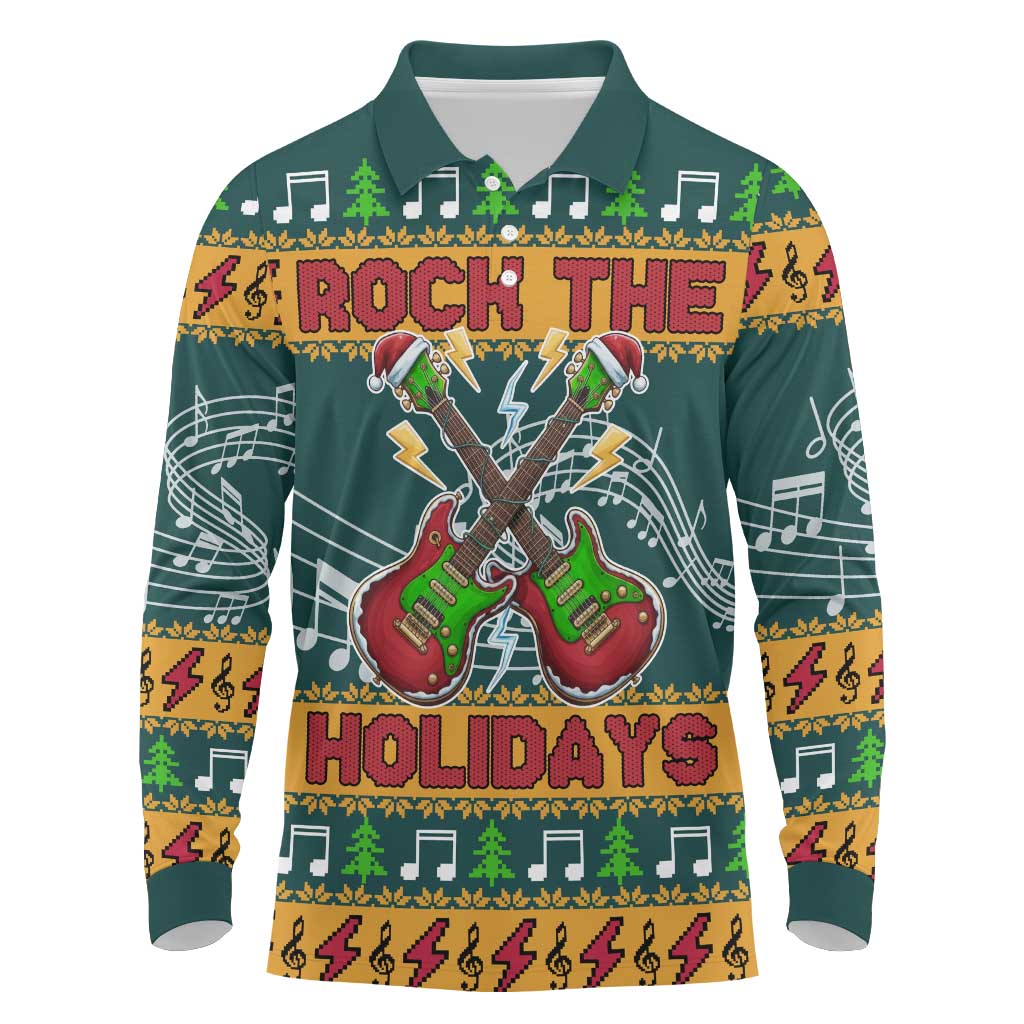 Rock The Holidays Guitar Christmas Long Sleeve Polo Shirt Xmas Holiday Patterns - Wonder Print Shop