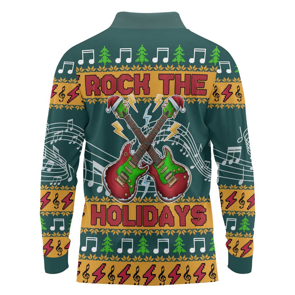 Rock The Holidays Guitar Christmas Long Sleeve Polo Shirt Xmas Holiday Patterns - Wonder Print Shop