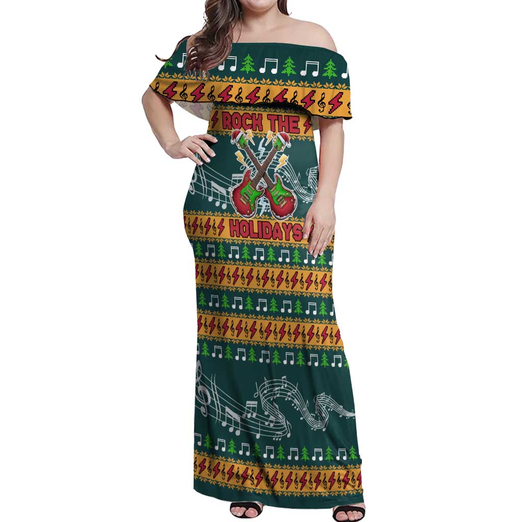 Rock The Holidays Guitar Christmas Off Shoulder Maxi Dress Xmas Holiday Patterns - Wonder Print Shop