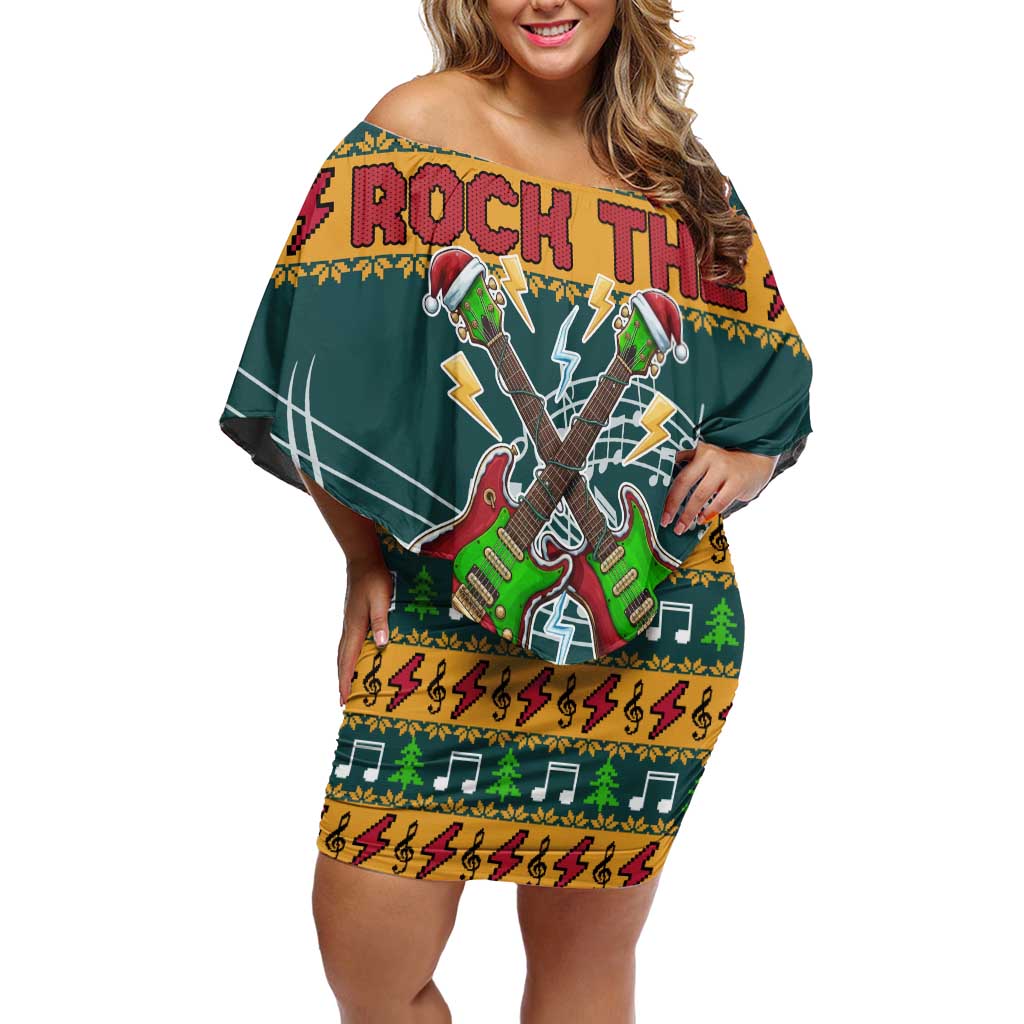 Rock The Holidays Guitar Christmas Off Shoulder Short Dress Xmas Holiday Patterns - Wonder Print Shop