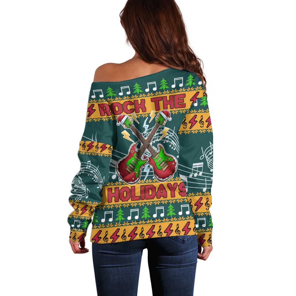 Rock The Holidays Guitar Christmas Off Shoulder Sweater Xmas Holiday Patterns - Wonder Print Shop