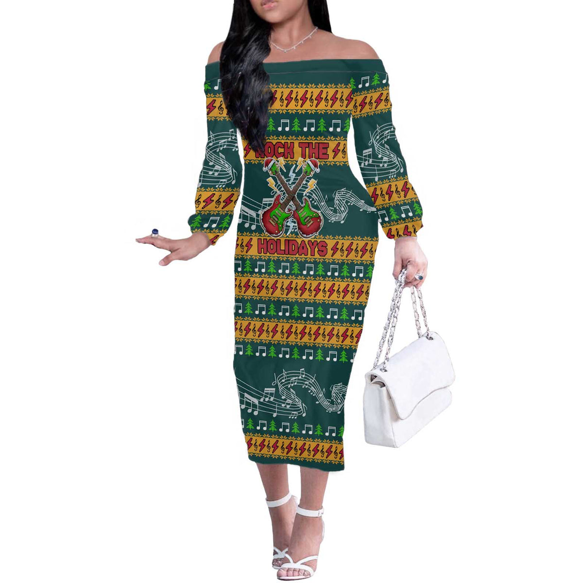 Rock The Holidays Guitar Christmas Off The Shoulder Long Sleeve Dress Xmas Holiday Patterns - Wonder Print Shop