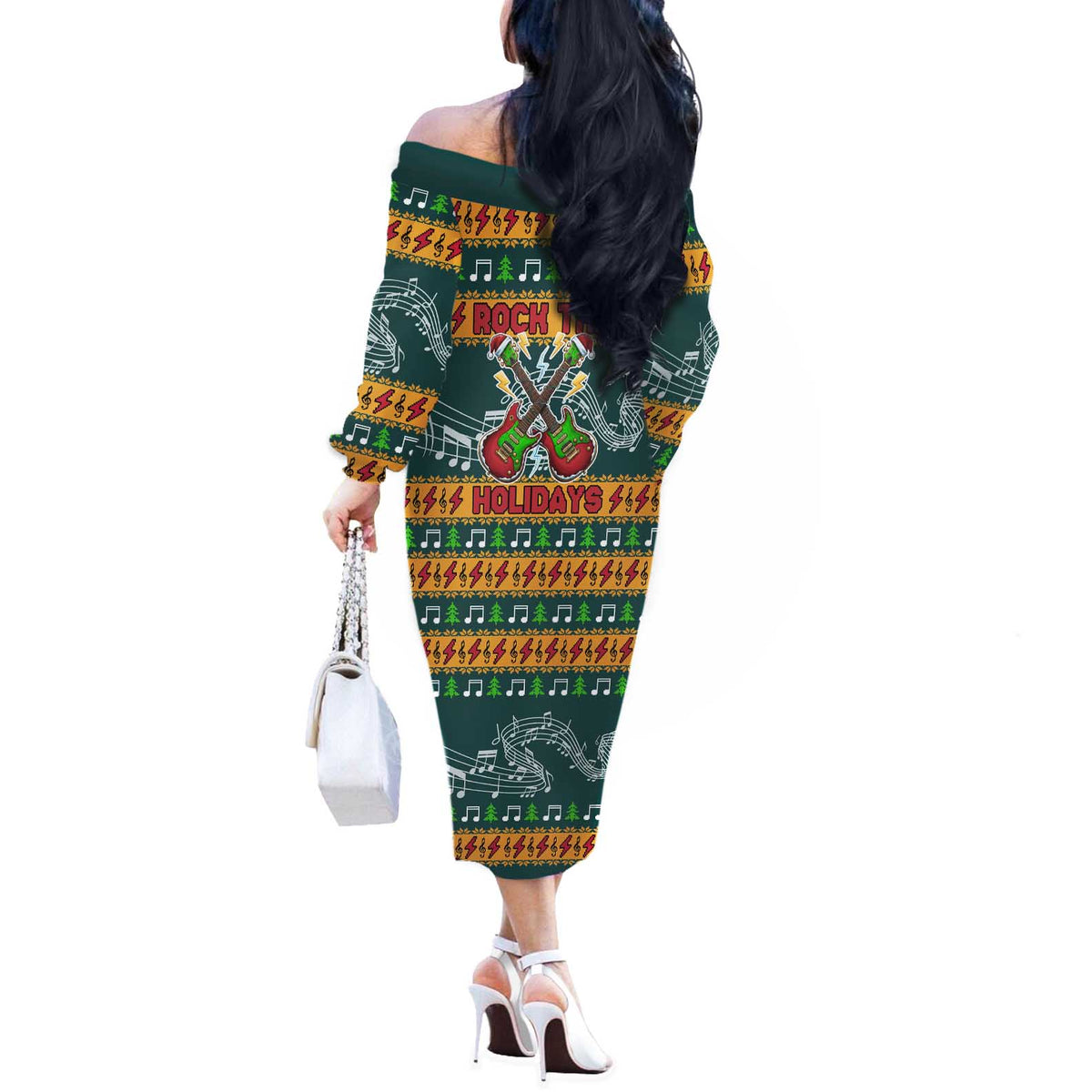 Rock The Holidays Guitar Christmas Off The Shoulder Long Sleeve Dress Xmas Holiday Patterns - Wonder Print Shop