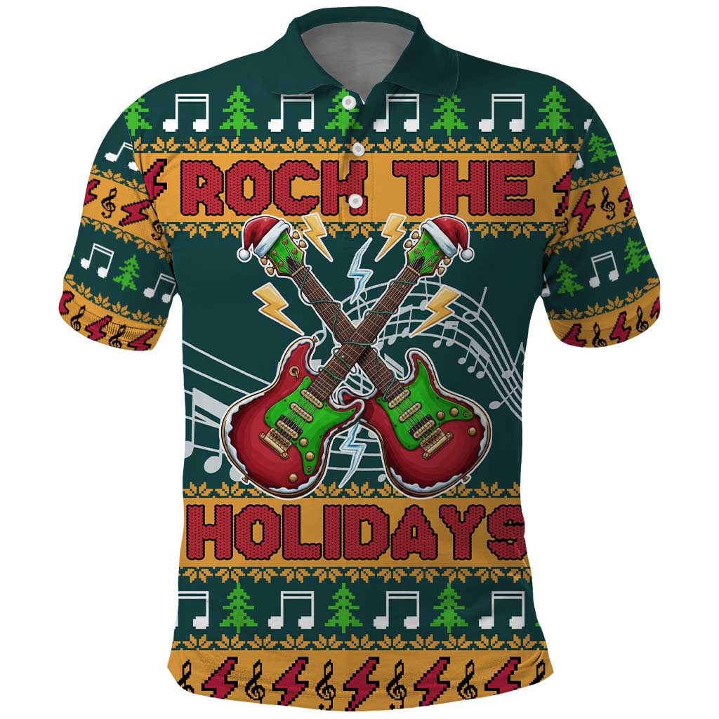 Rock The Holidays Guitar Christmas Polo Shirt Xmas Holiday Patterns - Wonder Print Shop