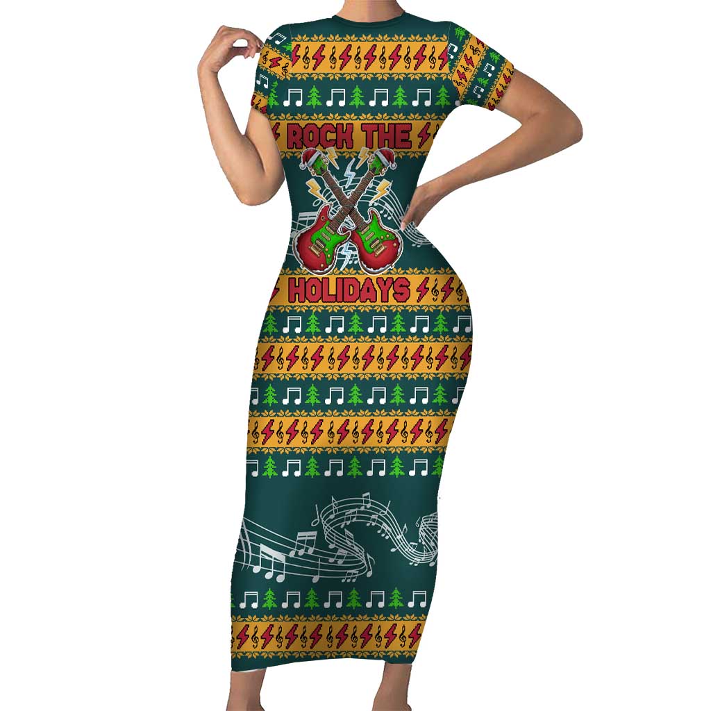 Rock The Holidays Guitar Christmas Short Sleeve Bodycon Dress Xmas Holiday Patterns - Wonder Print Shop