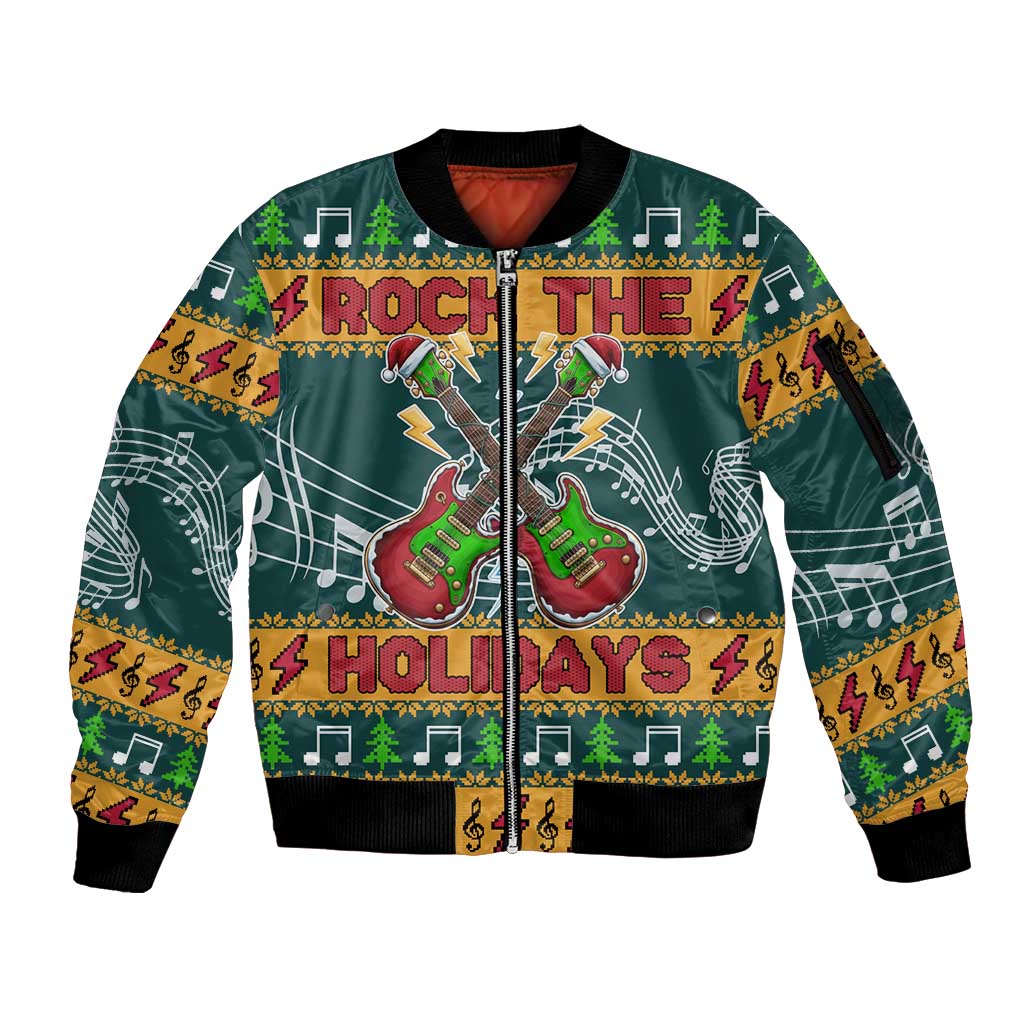 Rock The Holidays Guitar Christmas Sleeve Zip Bomber Jacket Xmas Holiday Patterns - Wonder Print Shop