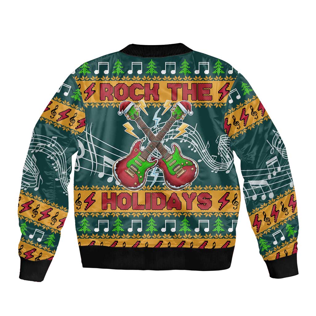 Rock The Holidays Guitar Christmas Sleeve Zip Bomber Jacket Xmas Holiday Patterns - Wonder Print Shop
