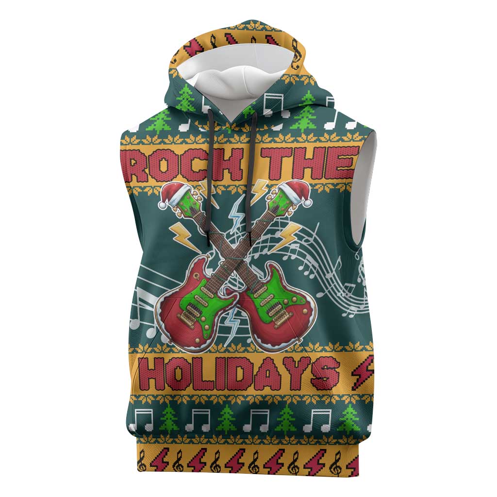 Rock The Holidays Guitar Christmas Sleeveless Hoodie Xmas Holiday Patterns - Wonder Print Shop