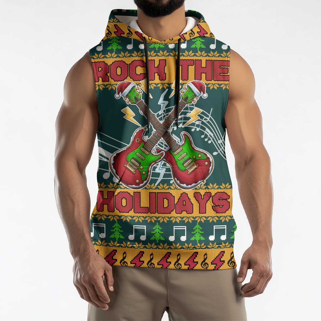 Rock The Holidays Guitar Christmas Sleeveless Hoodie Xmas Holiday Patterns - Wonder Print Shop