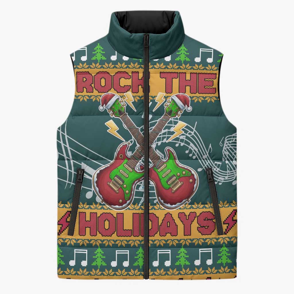 Rock The Holidays Guitar Christmas Sleeveless Puffer Jacket Xmas Holiday Patterns - Wonder Print Shop