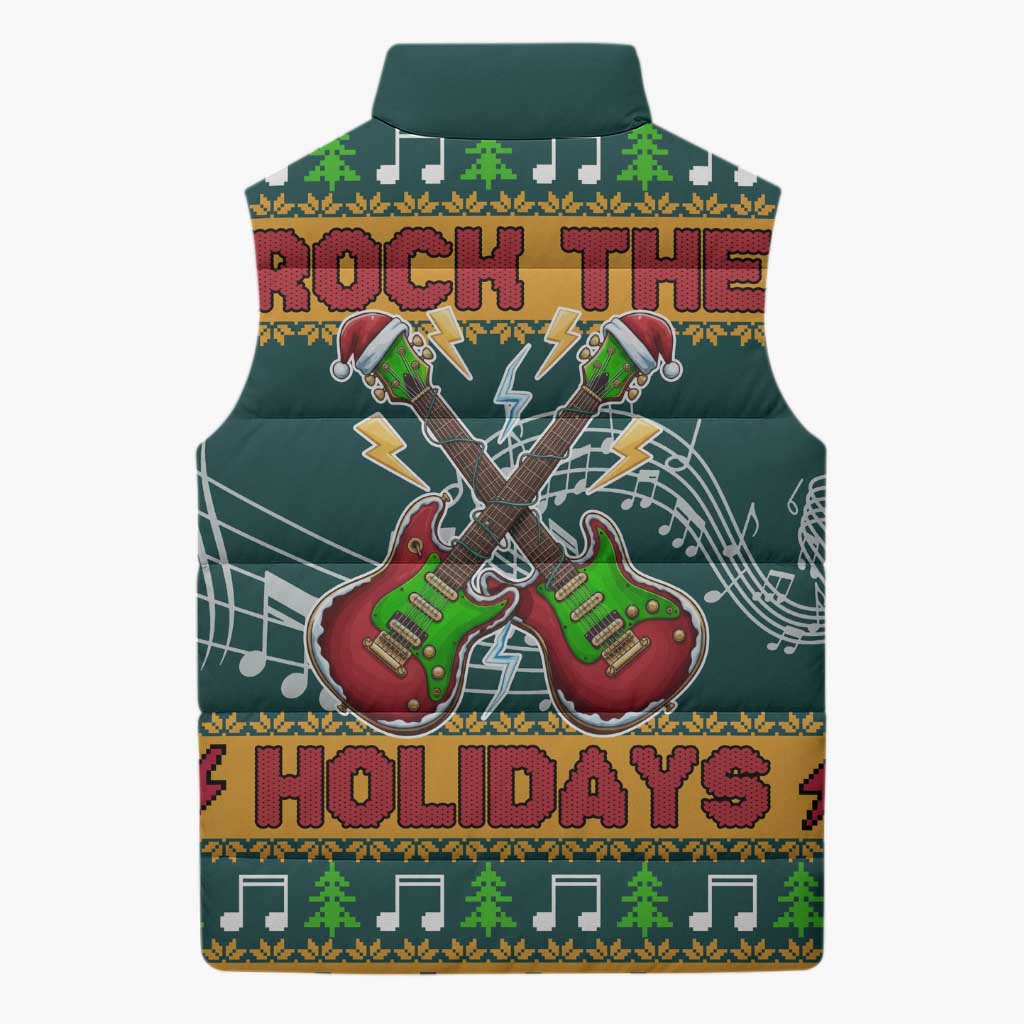 Rock The Holidays Guitar Christmas Sleeveless Puffer Jacket Xmas Holiday Patterns - Wonder Print Shop