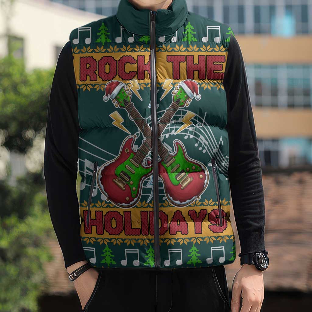 Rock The Holidays Guitar Christmas Sleeveless Puffer Jacket Xmas Holiday Patterns - Wonder Print Shop