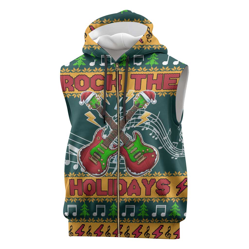 Rock The Holidays Guitar Christmas Sleeveless Zip Hoodie Xmas Holiday Patterns - Wonder Print Shop