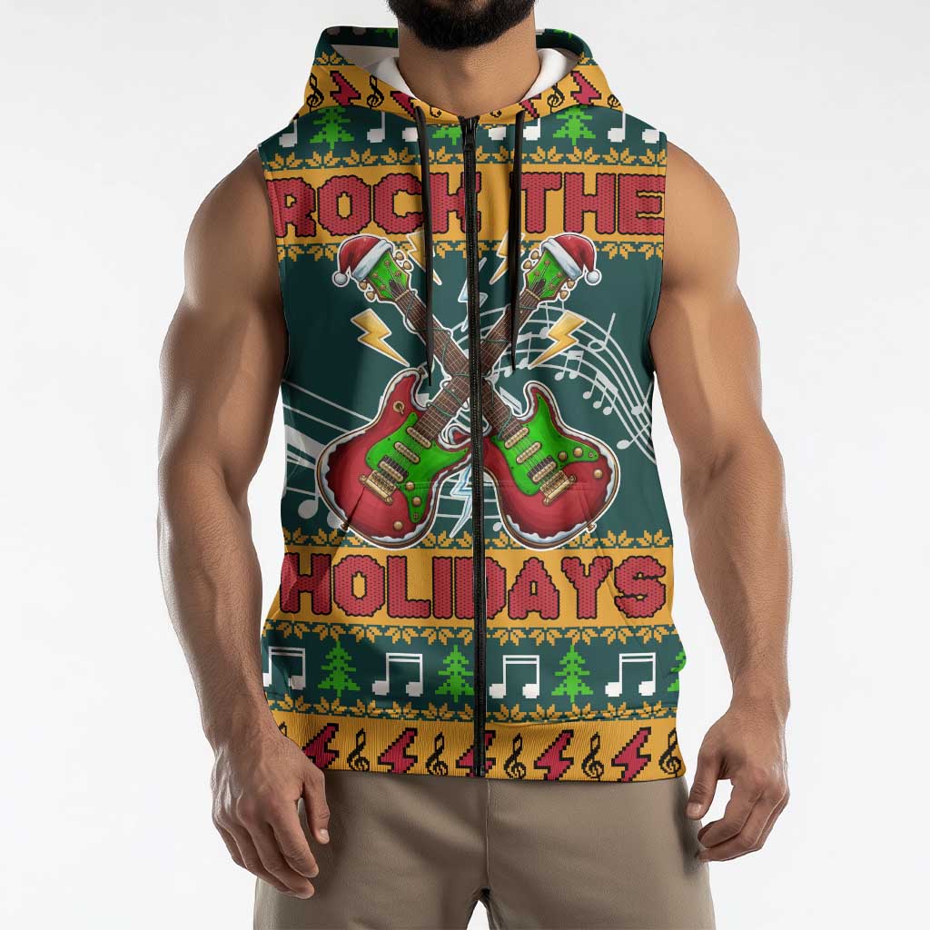 Rock The Holidays Guitar Christmas Sleeveless Zip Hoodie Xmas Holiday Patterns - Wonder Print Shop