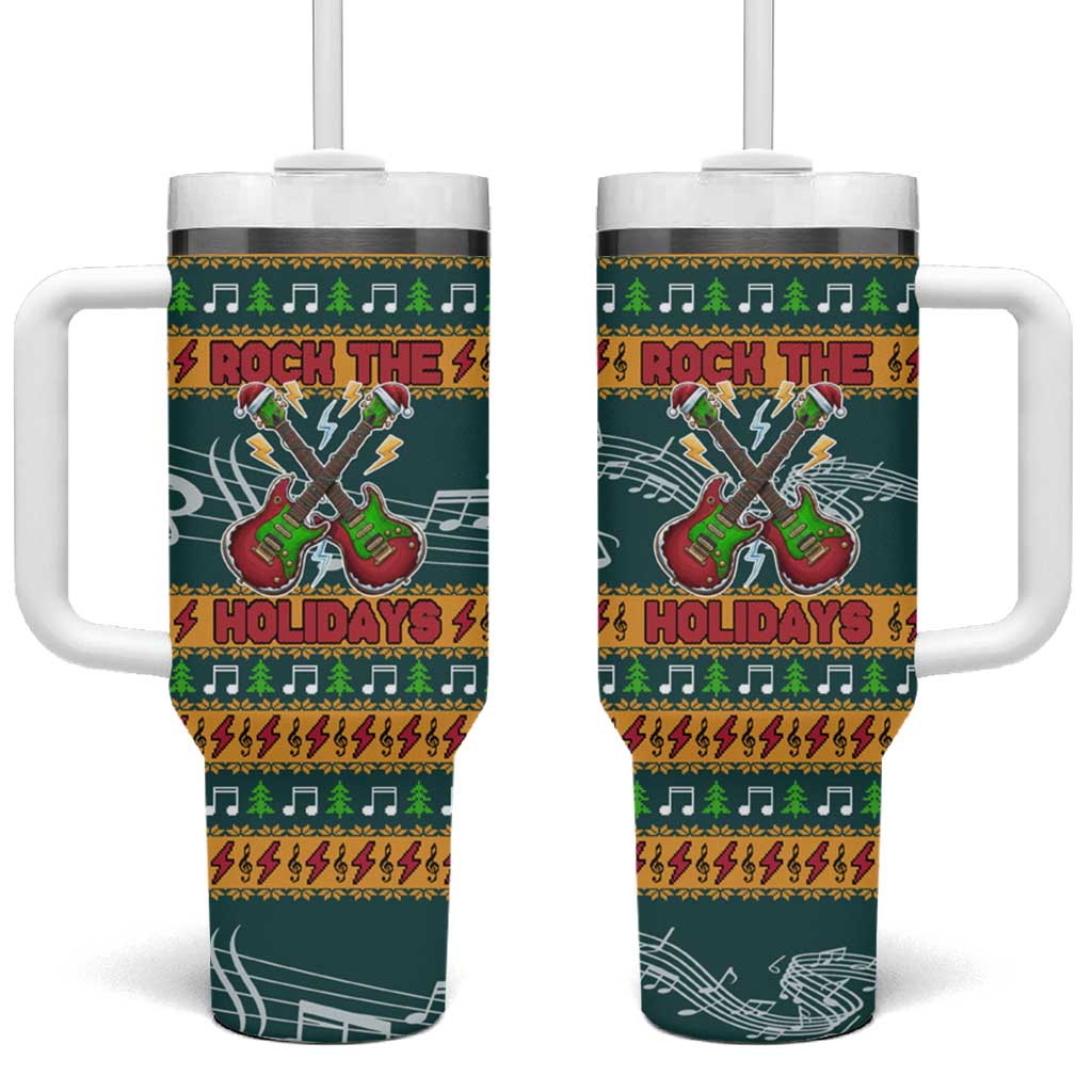 Rock The Holidays Guitar Christmas Tumbler With Handle Xmas Holiday Patterns - Wonder Print Shop
