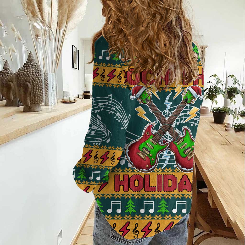 Rock The Holidays Guitar Christmas Women Casual Shirt Xmas Holiday Patterns - Wonder Print Shop