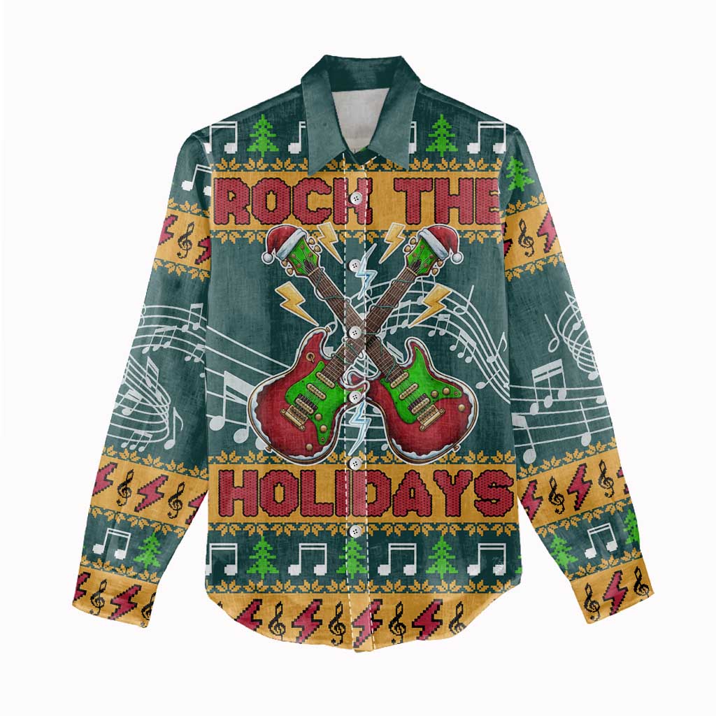 Rock The Holidays Guitar Christmas Women Casual Shirt Xmas Holiday Patterns - Wonder Print Shop