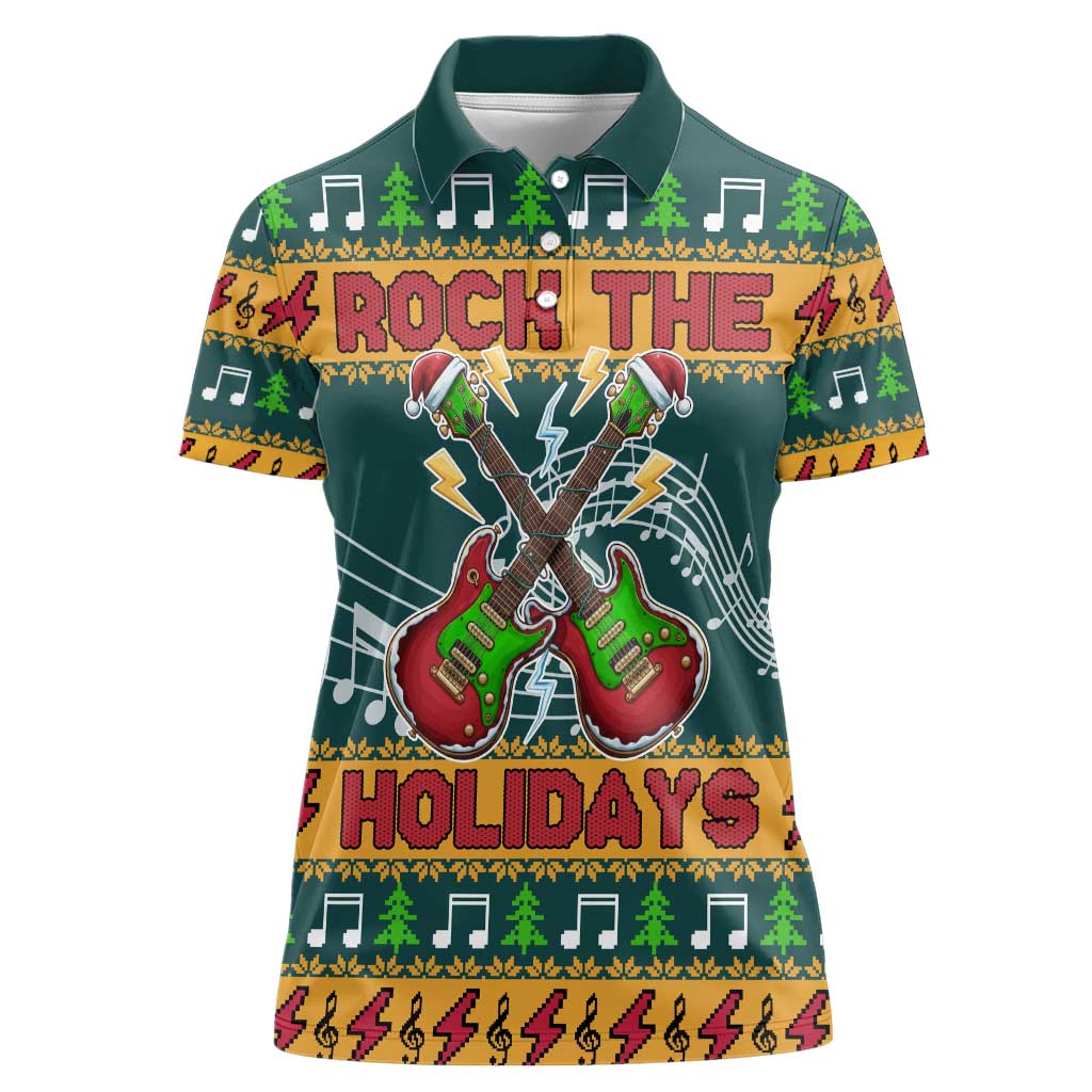 Rock The Holidays Guitar Christmas Women Polo Shirt Xmas Holiday Patterns - Wonder Print Shop