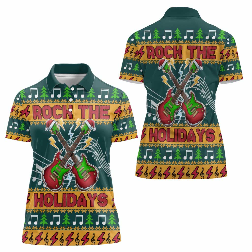 Rock The Holidays Guitar Christmas Women Polo Shirt Xmas Holiday Patterns - Wonder Print Shop