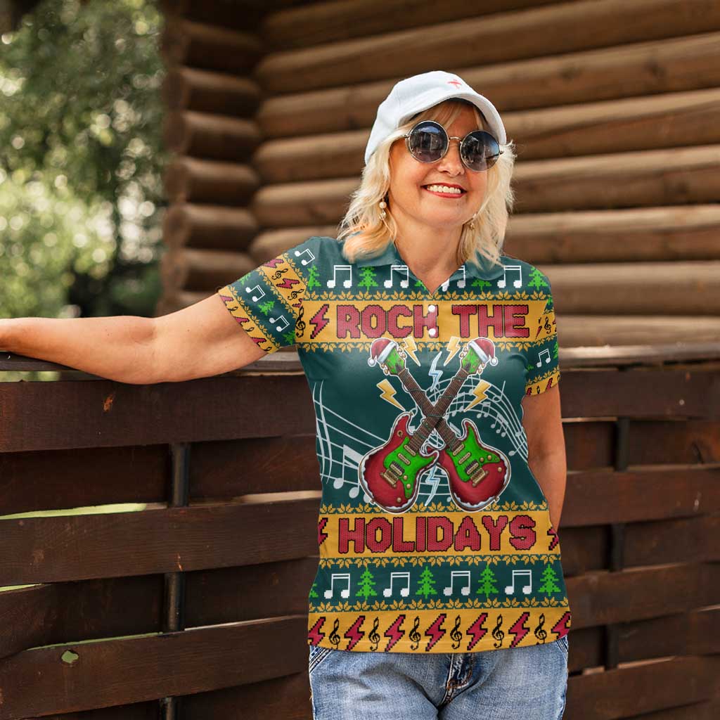 Rock The Holidays Guitar Christmas Women Polo Shirt Xmas Holiday Patterns - Wonder Print Shop