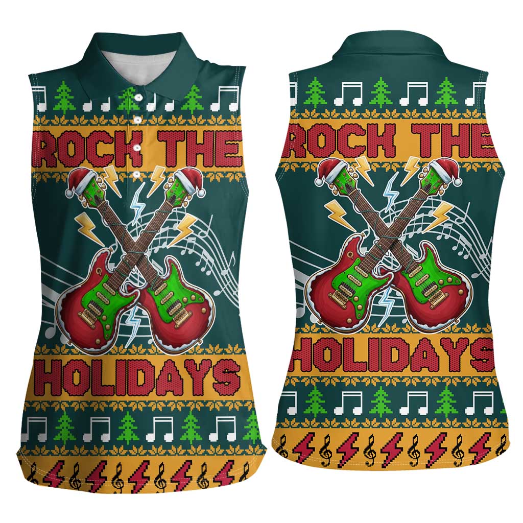 Rock The Holidays Guitar Christmas Women Sleeveless Polo Shirt Xmas Holiday Patterns - Wonder Print Shop