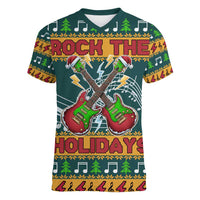Rock The Holidays Guitar Christmas Women V-Neck T-Shirt Xmas Holiday Patterns - Wonder Print Shop
