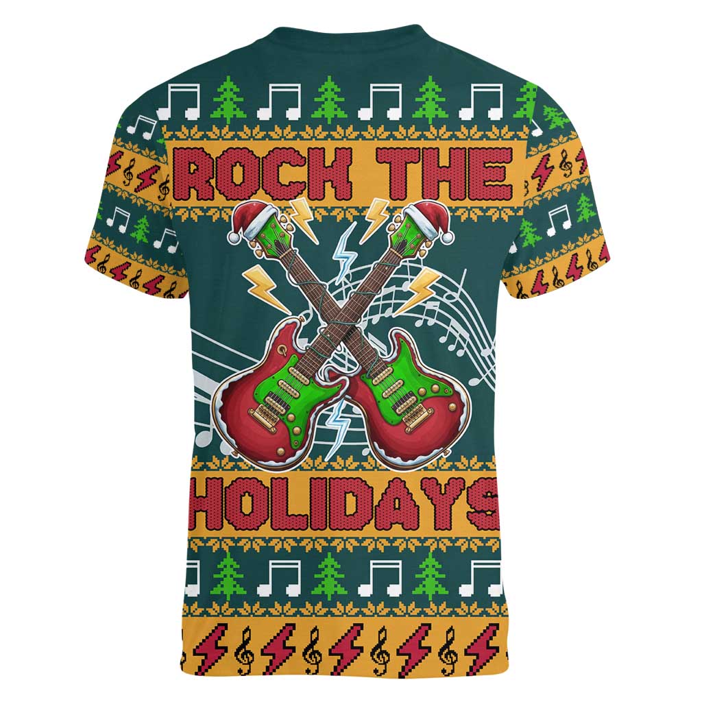 Rock The Holidays Guitar Christmas Women V-Neck T-Shirt Xmas Holiday Patterns - Wonder Print Shop