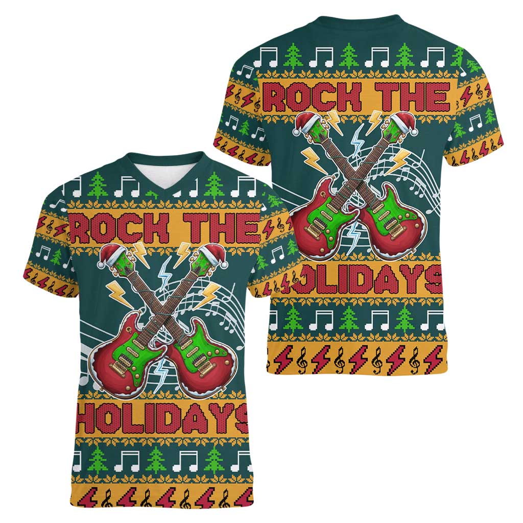 Rock The Holidays Guitar Christmas Women V-Neck T-Shirt Xmas Holiday Patterns - Wonder Print Shop