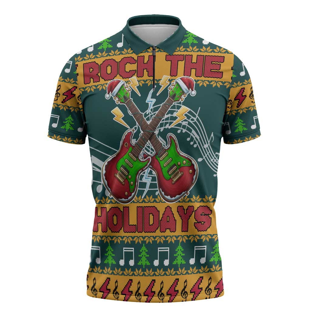 Rock The Holidays Guitar Christmas Zipper Polo Shirt Xmas Holiday Patterns - Wonder Print Shop