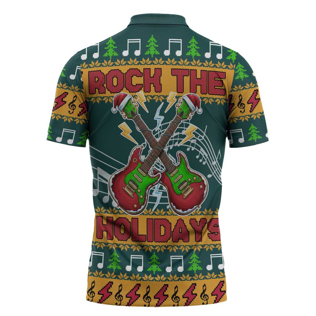 Rock The Holidays Guitar Christmas Zipper Polo Shirt Xmas Holiday Patterns - Wonder Print Shop