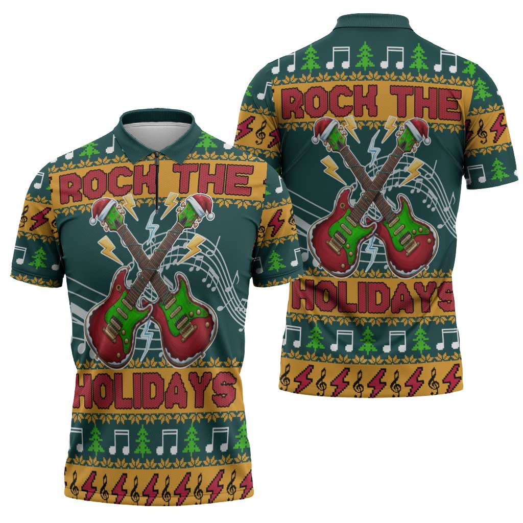 Rock The Holidays Guitar Christmas Zipper Polo Shirt Xmas Holiday Patterns - Wonder Print Shop