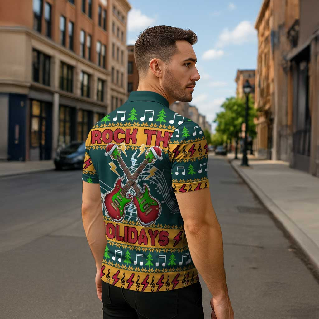 Rock The Holidays Guitar Christmas Zipper Polo Shirt Xmas Holiday Patterns - Wonder Print Shop