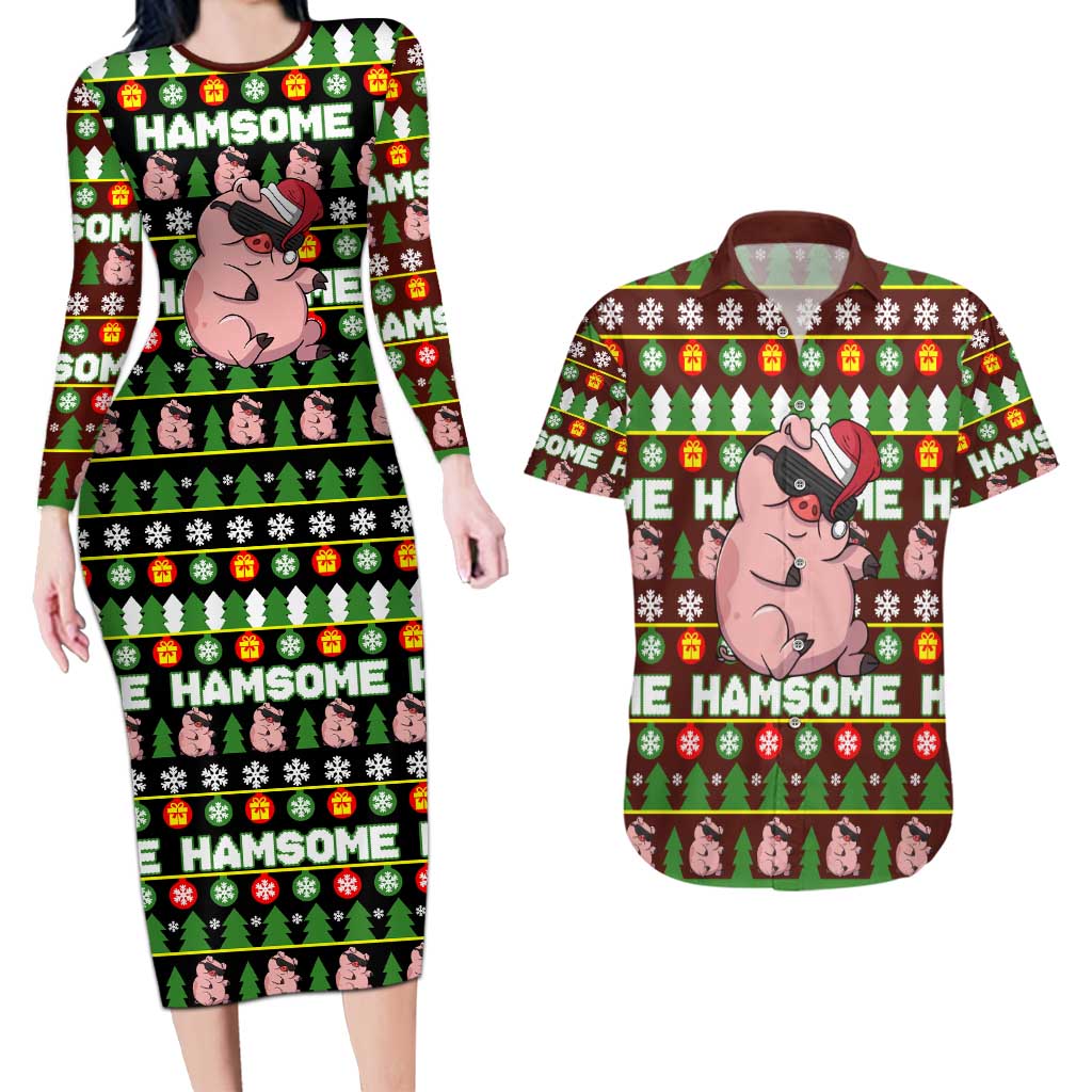 Hamsome Cute Pig Christmas Couples Matching Long Sleeve Bodycon Dress and Hawaiian Shirt Xmas Holiday Patterns - Wonder Print Shop