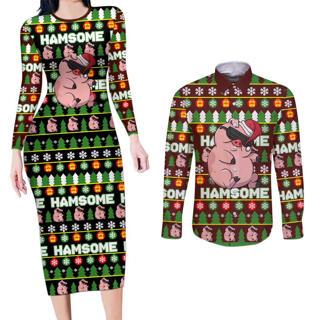 Hamsome Cute Pig Christmas Couples Matching Long Sleeve Bodycon Dress and Long Sleeve Button Shirt Xmas Holiday Patterns - Wonder Print Shop