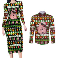 Hamsome Cute Pig Christmas Couples Matching Long Sleeve Bodycon Dress and Long Sleeve Button Shirt Xmas Holiday Patterns - Wonder Print Shop