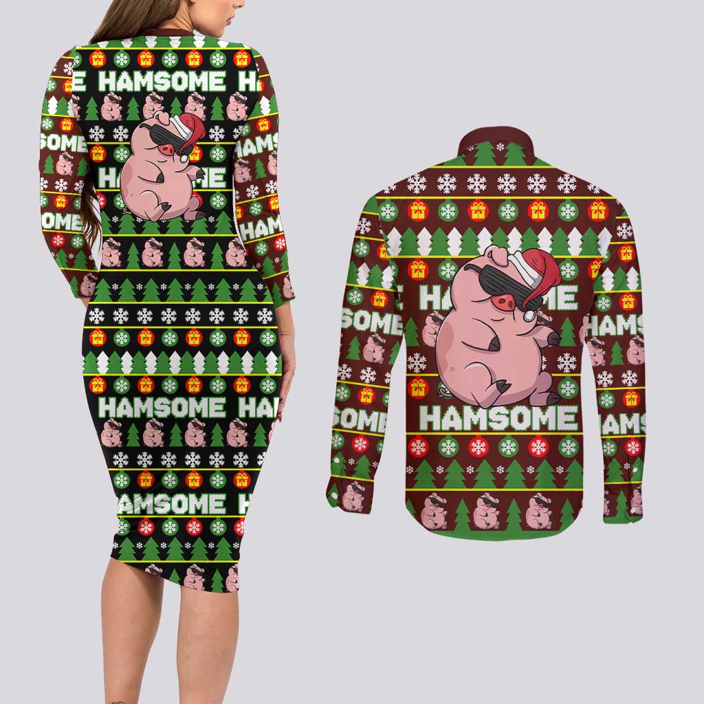 Hamsome Cute Pig Christmas Couples Matching Long Sleeve Bodycon Dress and Long Sleeve Button Shirt Xmas Holiday Patterns - Wonder Print Shop