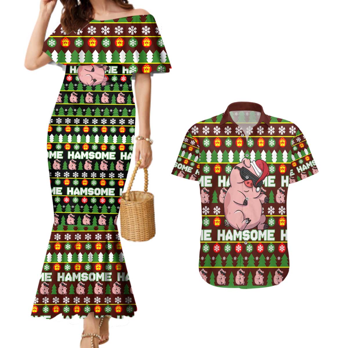 Hamsome Cute Pig Christmas Couples Matching Mermaid Dress and Hawaiian Shirt Xmas Holiday Patterns - Wonder Print Shop