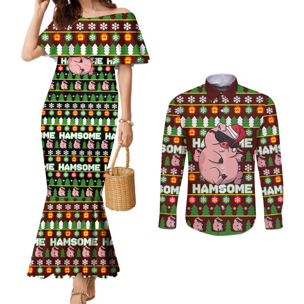 Hamsome Cute Pig Christmas Couples Matching Mermaid Dress and Long Sleeve Button Shirt Xmas Holiday Patterns - Wonder Print Shop