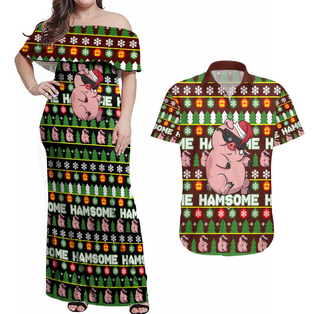 Hamsome Cute Pig Christmas Couples Matching Off Shoulder Maxi Dress and Hawaiian Shirt Xmas Holiday Patterns - Wonder Print Shop