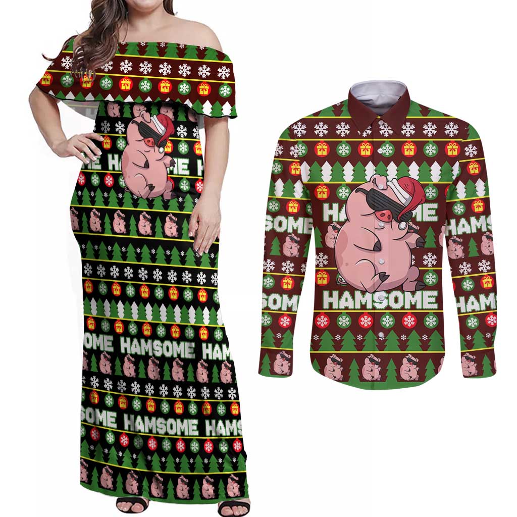 Hamsome Cute Pig Christmas Couples Matching Off Shoulder Maxi Dress and Long Sleeve Button Shirt Xmas Holiday Patterns - Wonder Print Shop