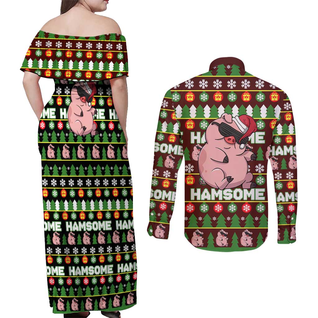 Hamsome Cute Pig Christmas Couples Matching Off Shoulder Maxi Dress and Long Sleeve Button Shirt Xmas Holiday Patterns - Wonder Print Shop