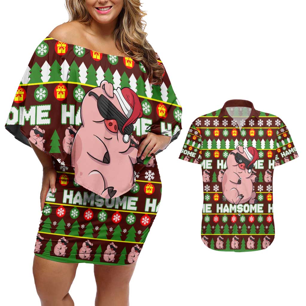 Hamsome Cute Pig Christmas Couples Matching Off Shoulder Short Dress and Hawaiian Shirt Xmas Holiday Patterns - Wonder Print Shop